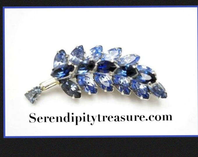 Blue Rhinestone Brooch - Flower Leaf floral pin - silver tone - mid century