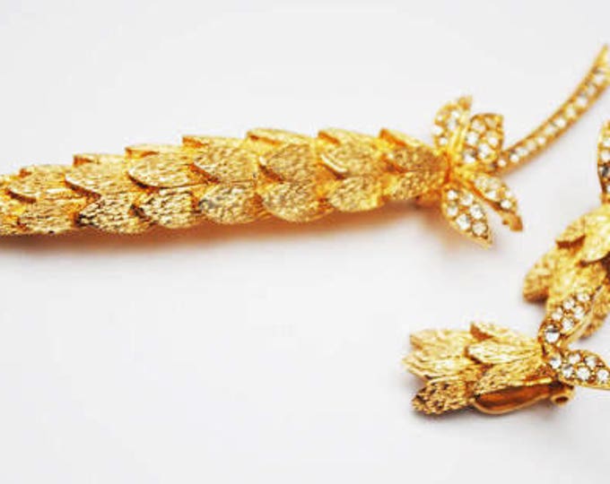 Floral Leaf Brooch earring set - Signed Ledo - Rhinestone gold -flower pin clip on earrings