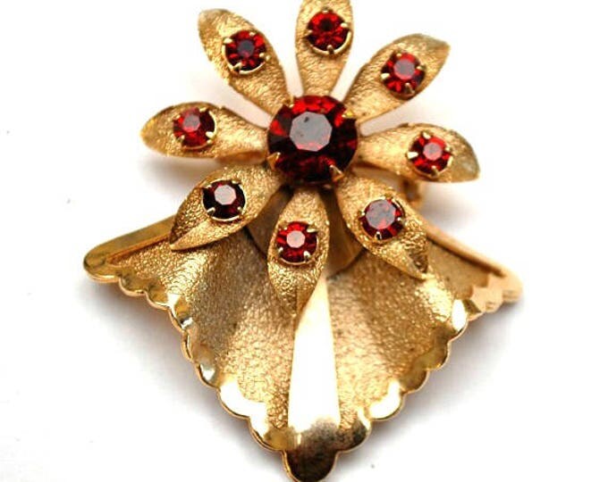 Flower Brooch - Red Rhinestone - gold floral pin - Mid Century - Atomic