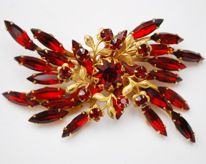 Red Flower Brooch - Red Rhinestones - signed Judy Lee - floral Atomic pin