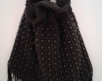 Vintage 1960's Boho Hippie Flapper Black Beaded Fringed Drawstring Sac Clutch Handbag Purse by JEM
