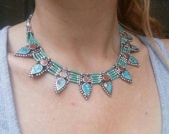 Tibethan silver lovely bohemian etno necklace encrusted with turquoise and beads