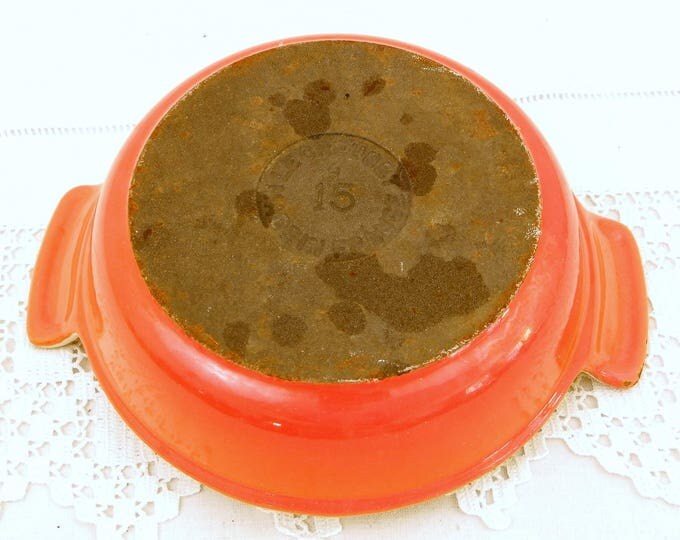 Small Vintage French Le Creuset from France Bright Orange and White Enameled Cast Iron 28 Oven Dish, Retro Kitchen Enamelware from France