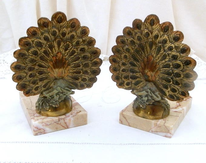 Antique French Art Deco Cold Painted Metal Peacocks on Pink Marble Bookends, Bird Book Buttresses From France, Animal Book Ends, Retro Home Antique French Art Deco Cold Painted Metal Peacocks on Pink Marble Bookends, Bird Book Buttresses From France, Animal Book Ends, Retro Home