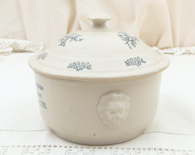Antique French Lidded China Terrine Pot with Lions Heads Inscribed Charcuterie de Campagne, Ceramic Paté Dish from France, Brocante Decor