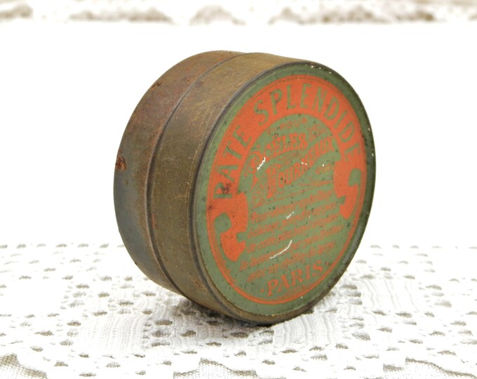 Antique French Metal Tin with Belle Epoque Graphics in Orange and Green Range Paste "Pate Splendide" from Paris, Polish Box from France