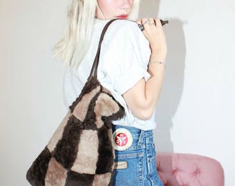 Vintage 70s Shearling Sheepskin Drawstring Tote Bag