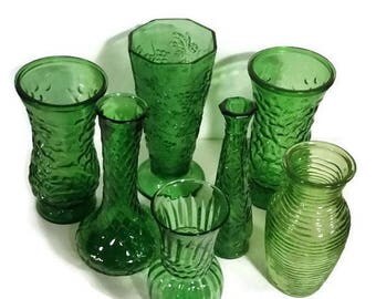 Vintage Flower Vases, Vintage emerald green bud vases, lot of 7 green glass bud vase collection, wedding, Christmas centerpiece vases