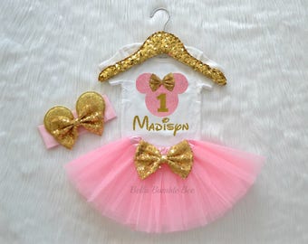 Baby Girl Disney Minnie Mouse, Pink and Gold with Custom Name, Birthday Tutu Headband Set, Short and Long Sleeve Bodysuit Tshirt 256