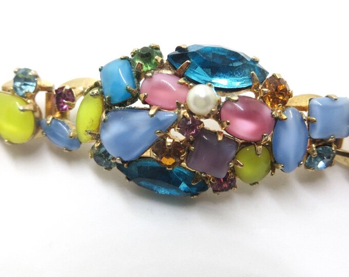 Art Glass Bracelet Multicolor Givre Glass Rhinestone Navettes 1960s Vintage Jewelry Statement Bracelet