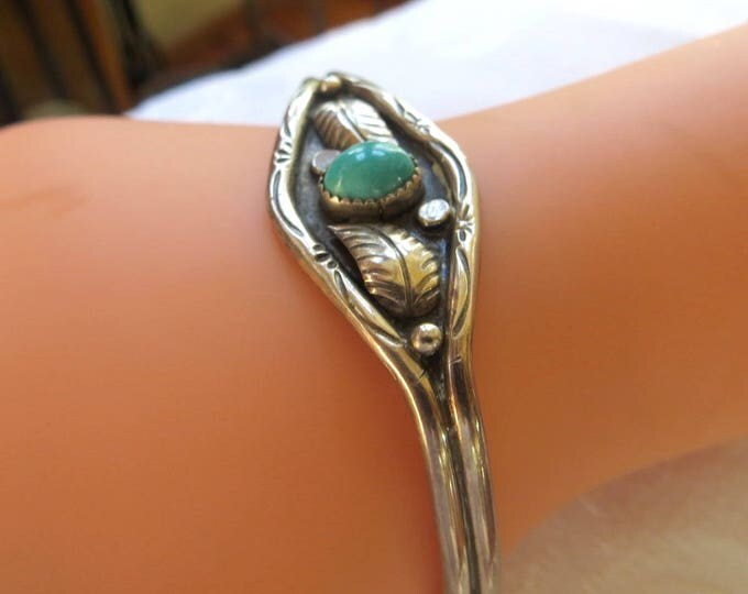 Navajo Cuff Bracelet, Turquoise Center, Etched Sterling Silver Leaves, Vintage Navajo Jewelry, Old Pawn