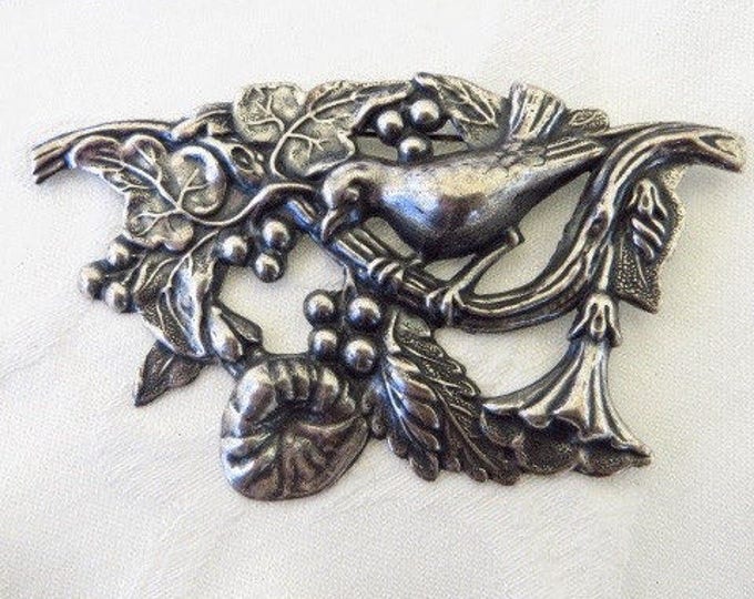 Antique Art Nouveau Brooch, Sterling Nouveau Bird Pin, Florals & Berries, Vintage Bird Jewelry, Nature Brooch