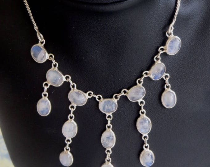 Sterling Moonstone Necklace, Vintage Festoon Bib Necklace, Drippy Moonstones, 16" Chain, Moonstone Jewelry
