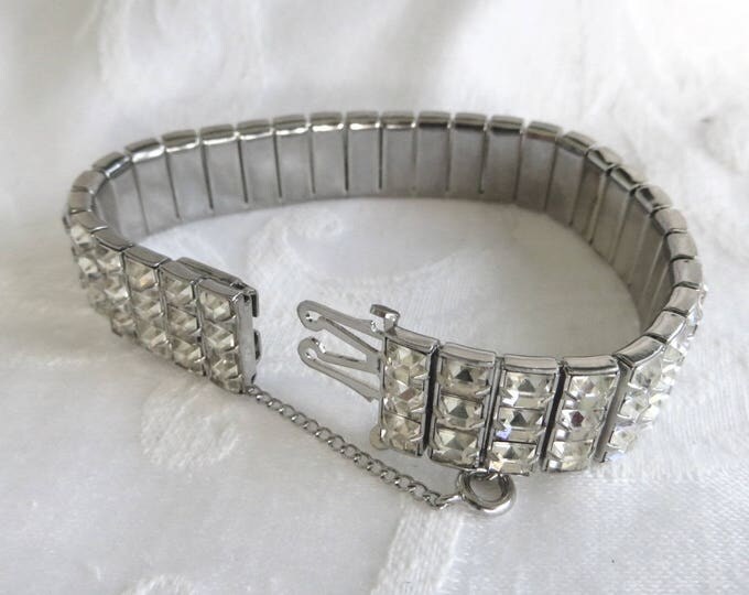 Art Deco Crystal Bracelet, Channel Set, Rhodium Setting, 1950s Bracelet, Wedding Bridal Jewelry, Crystal Clear Stones