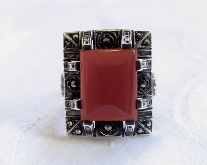 Art Deco Carnelian Ring, Sterling Marcasite Ring, Size 5 1/2, Vintage Art Deco Jewelry