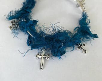 Adjustable Bracelet, Cross Charms, Sari Silk Ribbon, Silk Skeins, Christian Jewelry, Christian Gift for Women, Religious Jewelry