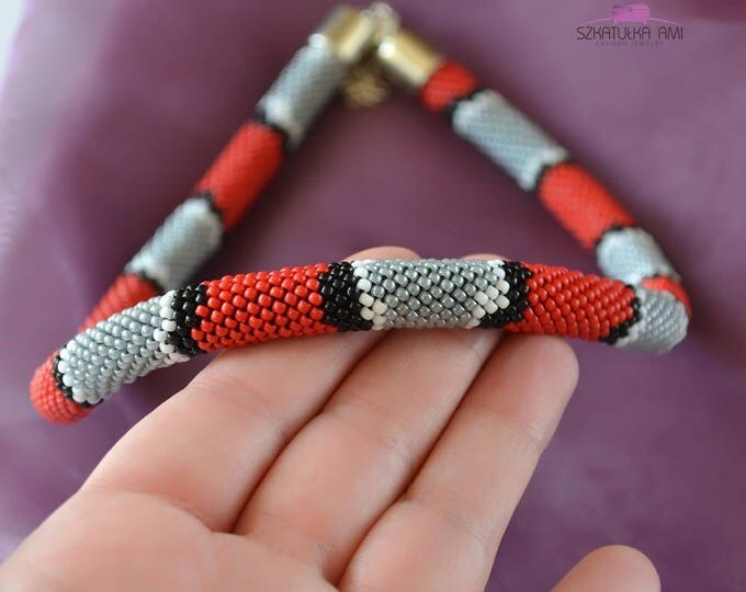 Snake necklace seed beads gray red black white pattern snake crochet tube necklace skin snake animal handmade beaded necklace women gift