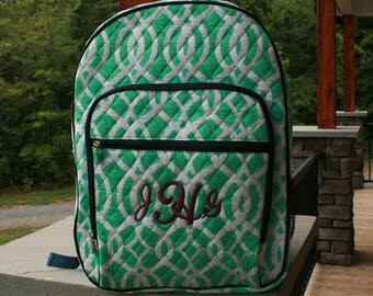 Girls Large Backpack Monogram Mint Vine Book Bag Girls Embroidered Quilted Backpack
