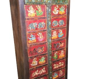 Antique Wardrobe Hand painted Ganesha Bohemian Cabinet Armoire Traditional Temple Doors