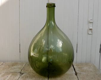 Vintage French demi john olive green glass bottle wine demijohn French vintage green bottle French Dame Jeanne