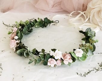Pale pink crown Dusty rose flower crown Light green floral crown Pale pink Headband Blush pink crown Blush pink headband Festival flower cro