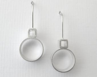 Mirjam Drop Earrings, Circle Square Earrings, Modern Earrings, Geometric Earrings, Geometric Jewelry, Sterling Silver, Shiny or Matte Finish