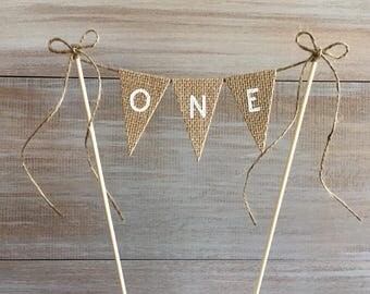 ONE Burlap Cake Banner Topper. 1st Birthday Burlap Cake Banner. Hearts One Cake Banner.