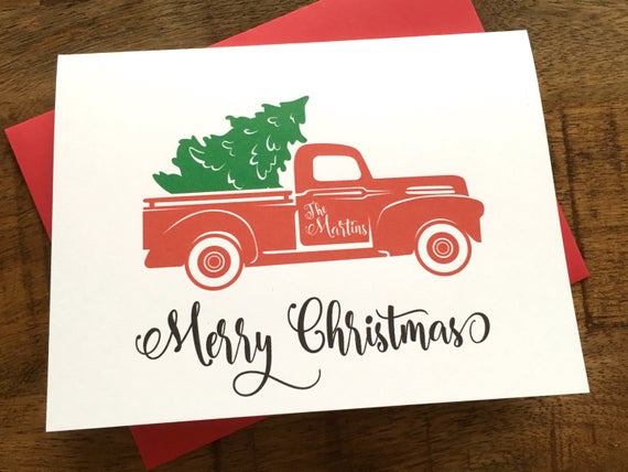 Personalized Christmas Cards Red Truck and Christmas Tree