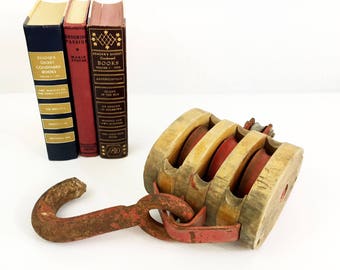 Vintage ANVIL Wooden Pulley / Wood Pulley - Red Hook Triple Block Cast Iron Pulley - Industrial Decor