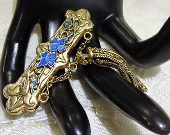 Nice Vintage Sandor Blue Enamel and Foxtail Chain Tassel Bar Brooch