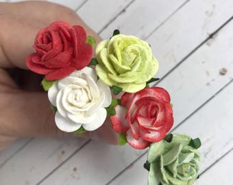Festive Christmas Roses Flower Hair Pins in Red, Green and White for Weddings, Bridesmaids, Prom, Holidays // Bobby Pin Gift Set