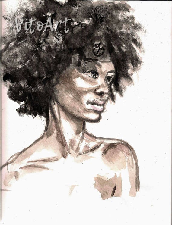 African American Woman Art Print Afro Natural Hair Watercolor