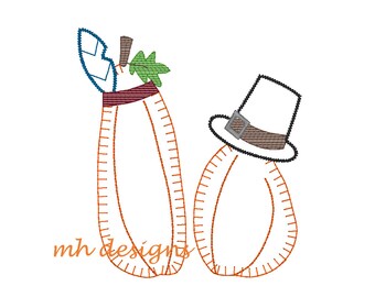 Pilgrim & Indian vintage stitch pumpkins embroidery design, Fall pumpkin embroidery file, Pumpkin design, Thanksgiving embroidery design