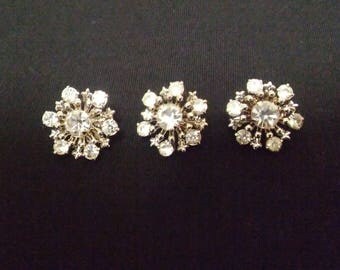 On Sale Vintage Set of 3, Rhinestone Brooch, Starburst Design, Clear Rhinestone, Silver Tone Metal, Trio of Snowflake Pins, Vintage Brooch