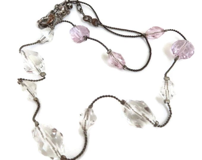 Vintage Crystal Necklace, Silver Tone Floating Faceted Bead Necklace