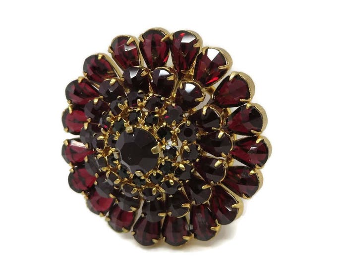 Vintage Red Austrian Crystal Brooch, Crystal Flower Pin, Gold Tone Austria Pin