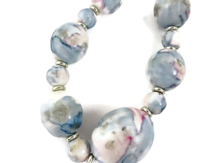 Vintage Blue Beaded Necklace - Blue and Pink Abstract Design Graduated Bead Necklace, Gift for Her