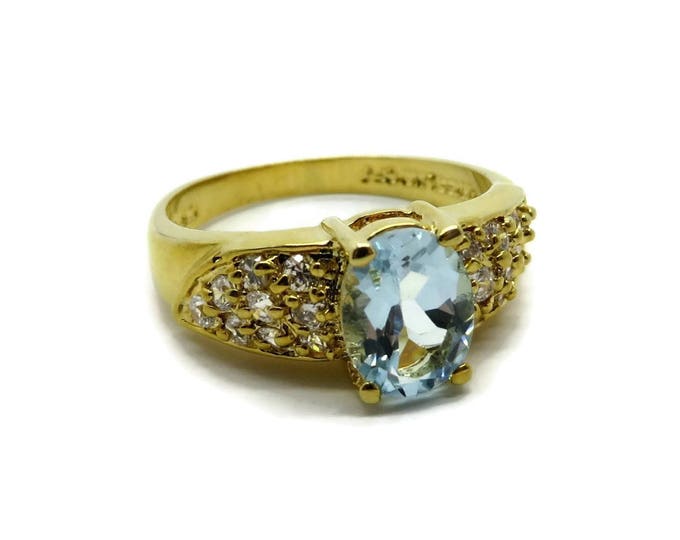 Blue CZ Cocktail Ring - Vintage Lind Cocktail Ring - 14Kt Gold Plated Dinner Ring, Size 10, Gift For Her