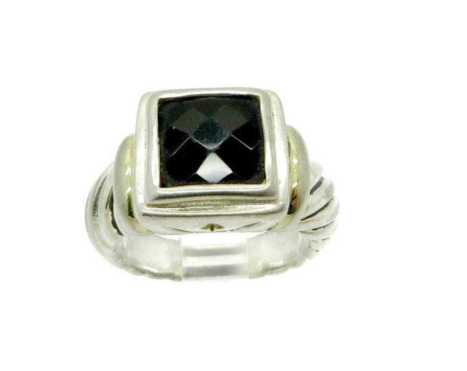Black Spinel Silver Ring, Vintage Faceted Black Stone Sterling Silver Scrolled Band Ring, Size 5.5