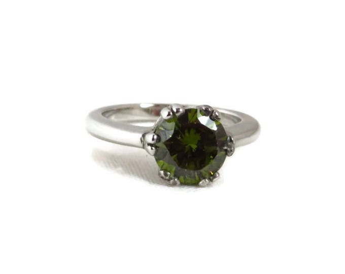 Peridot Glass Ring, Vintage Silver Tone Green Glass Solitaire Ring, Size 6.5