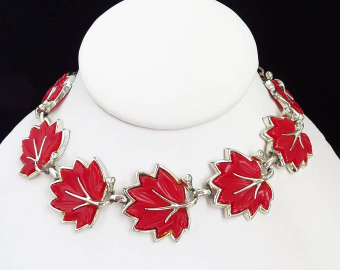Red Leaf Necklace | Vintage Thermoset Necklace | Mid Century Silver Tone Link Choker