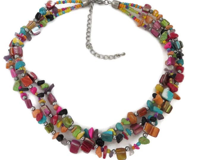 Shell Necklace | Beaded Necklace | Triple Strand Dyed Shell Choker, Vintage Jewelry, Colorful Gift Idea For Her
