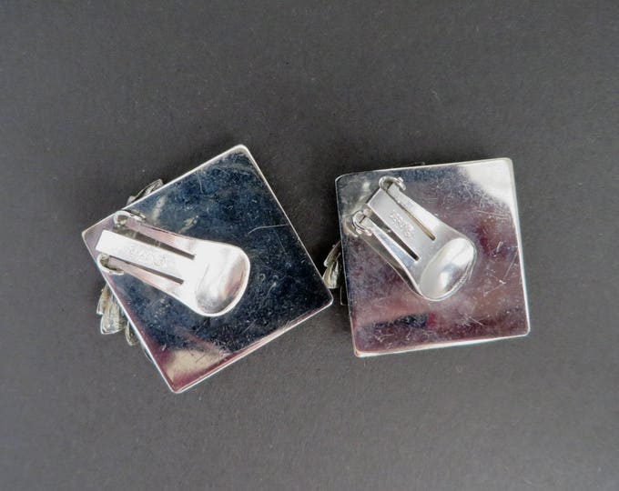 Leaf Earrings, Square Leaf Earrings, Signed LERU Silver Tone Earrings, Clip-on Earrings, Gift for Her