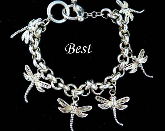Vintage Charm Bracelet - Dragonfly Bracelet, Signed Best Silver Tone, Moving Dragonfly Bracelet