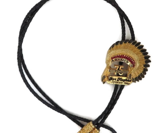 Vintage Black Bolo Tie - AAHMES 75 Years Potentate Bolo, Indian Headdress Pendant, Black Leather Tie, Unique Collector's Tie