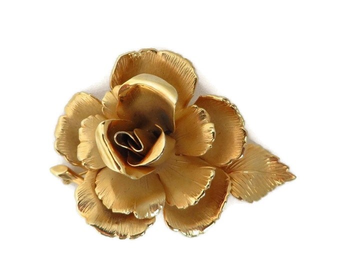 Rose Brooch, Flower Pin, Signed Lisner Gold Tone Rose Brooch, Vintage Matte Gold Tone Rose Pin, Birthday, Mother's Day Gift for Her