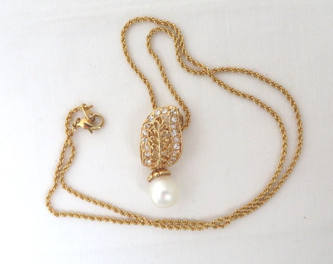 14K GE Faux Pearl Pendant Necklace, Ling Rhinestone Gold Tone Pendant Necklace, Gift for Her