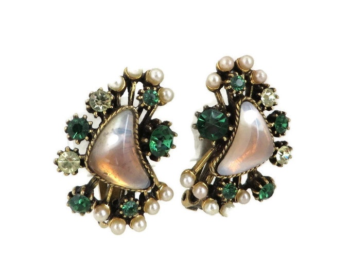 Vintage Florenza Earrings, Green & White Rhinestones, Faux Pearls, Opal Lucite Cabochons, 1960s Designer Clip-ons