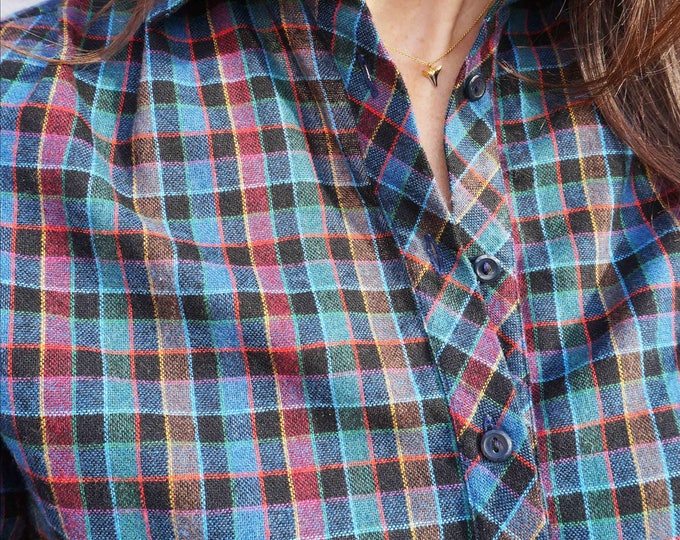 Casual Everyday Shirt, Vintage Check Shirt, Button Down Shirt, Blue Check Shirt, Lumberjack Shirt, Plaid Blouse, Flannel Shirt, Wool Shirt