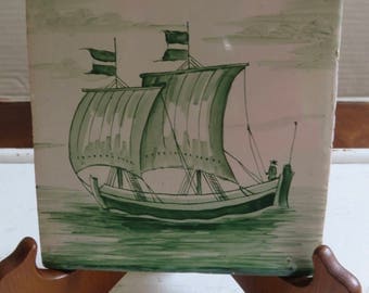Dutch Tile/Green And White Glazes Sailboat with Figure